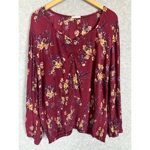 Maurices Floral Peasant Blouse 2X Burgundy Long Sleeve Rayon Elastic Hem Boho Fl